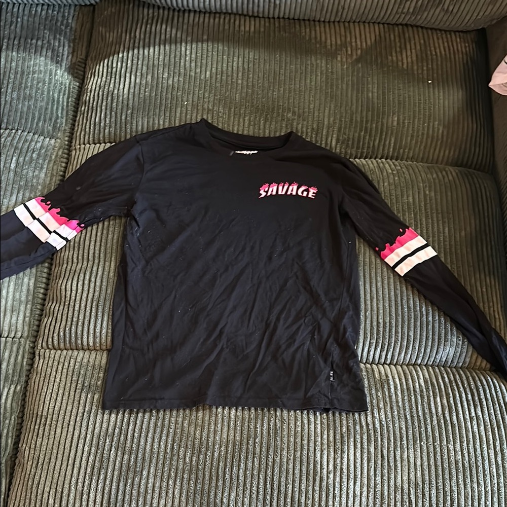 Black Long Sleeve Tee with REBELS Text and Striped Cuffs